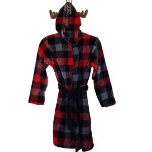 Cuddl Duds Youth L Hooded Robe Moose Antlers Plaid Belted Animal Bath Unisex Red